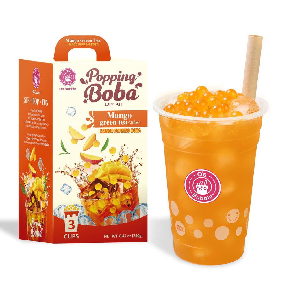 Os Bubble Peach Green Tea DIY Boba Kit with 3 Peach Syrup Packs & 3 Mango Popping Boba Make Fruity Bubble Tea at Home 3 Servings Included (Mango Green Tea)