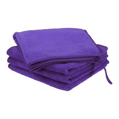 HARFINGTON 4 Pack Microfiber Cleaning Cloth, 8" x 8" Multi-Functional Cleaning Towels Reusable Absorbent Rags with Hook for Car Wash Kitchen Household Window Clean, Purple