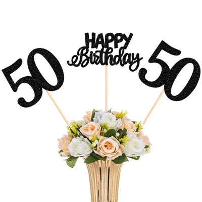 12 Pack Happy Birthday 50th Centerpiece Sticks Glitter Fifty Cheers to 50 Years Old Table Centerpiece Sticks for 50 Fabulous Happy Birthday Theme Party Supplies Black