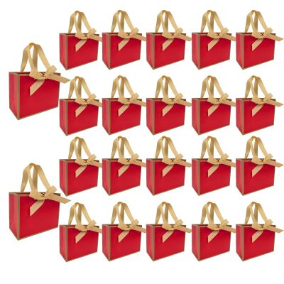TKSBAG 50 PCS Small Red Gold Gift Bags with Bow Ribbon - 6.4x3.1x5.1 Inch Thank You Bags with Handles, Bulk for Baby Shower, Bridal Shower, Wedding, Party Favors, Mother's Day