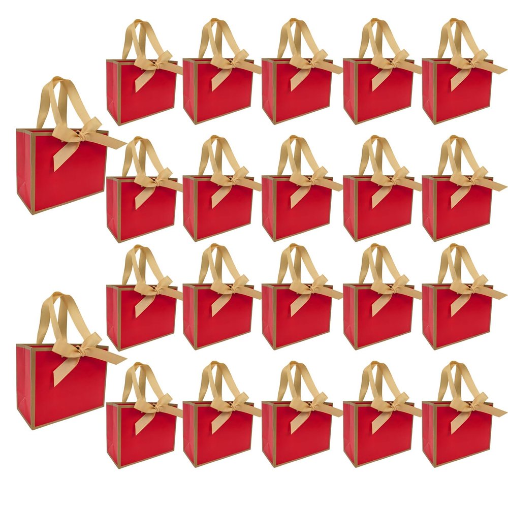 TKSBAG 50 PCS Small Red Gold Gift Bags with Bow Ribbon - 6.4x3.1x5.1 Inch Thank You Bags with Handles, Bulk for Baby Shower, Bridal Shower, Wedding, Party Favors, Mother's Day