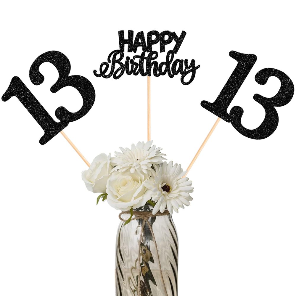 12 Pack Happy Birthday 13th Centerpiece Sticks Glitter Thirteen Cheers to 13 Years Old Table Centerpiece Sticks for 13 Fabulous Happy Birthday Theme Party Supplies Black