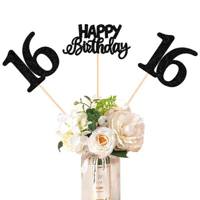 12 Pack Happy Birthday 16th Centerpiece Sticks Glitter Sixteen Cheers to 16 Years Old Table Centerpiece Sticks for 16 Fabulous Happy Birthday Theme Party Supplies Black