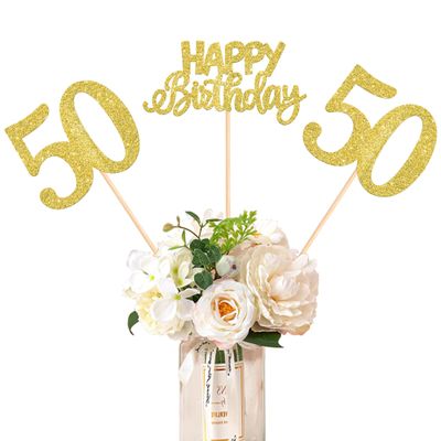 12 Pack Happy Birthday 50th Centerpiece Sticks Glitter Fifty Cheers to 50 Years Old Table Centerpiece Sticks for 50 Fabulous Happy Birthday Theme Party Supplies Gold