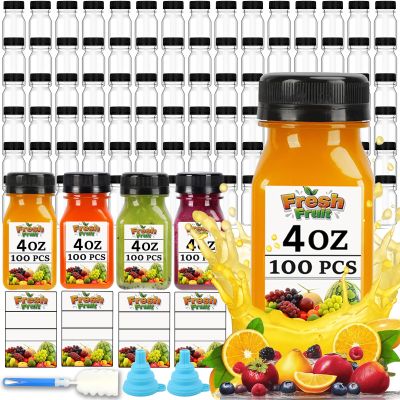 100PCS 4OZ Plastic Juice Bottles with Caps, Clear Shot Bottles Reusable Containers with Labels, Funnel and BrushSuitable for Juice Milk, Tea, Drinking, Smoothie, and Other Beverages