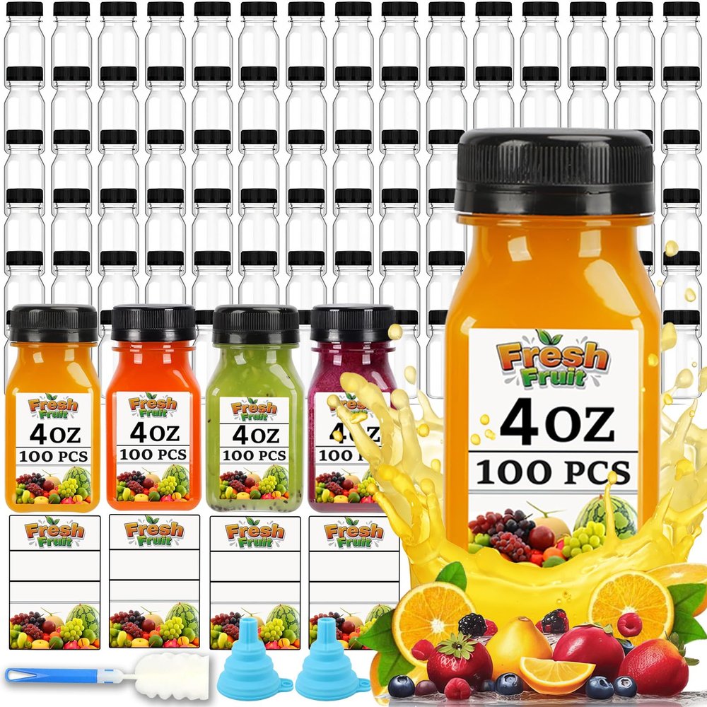 100PCS 4OZ Plastic Juice Bottles with Caps, Clear Shot Bottles Reusable Containers with Labels, Funnel and BrushSuitable for Juice Milk, Tea, Drinking, Smoothie, and Other Beverages
