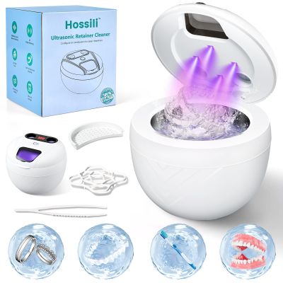 Hossili Retainer Cleaner, Upgraded Open-Window 45kHz Retainer Cleaner 200ML Dental Cleaning Pod with 4 Modes & Digital Timer