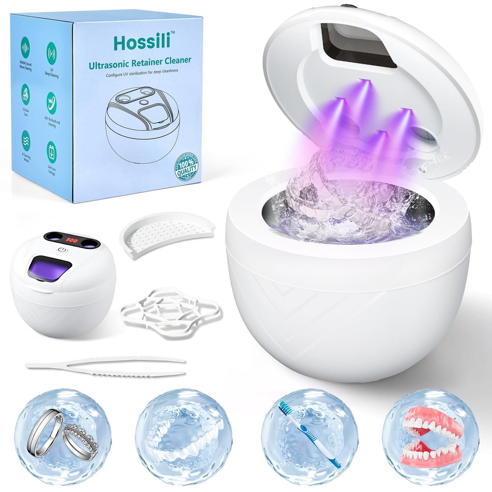 Hossili Retainer Cleaner, Upgraded Open-Window 45kHz Retainer Cleaner 200ML Dental Cleaning Pod with 4 Modes & Digital Timer