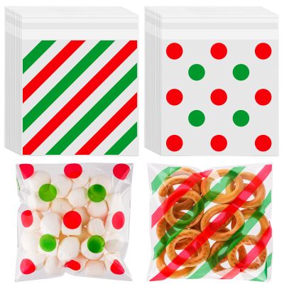 200pcs Cellophane Bags 5.5x5.5 Self Sealing Cookie Bags for Packaging White Cellophane Treat Bags for Gift Giving Packaging Christmas Birthday Party Favor Candy Goodie Homemade Bakery (Red/green)