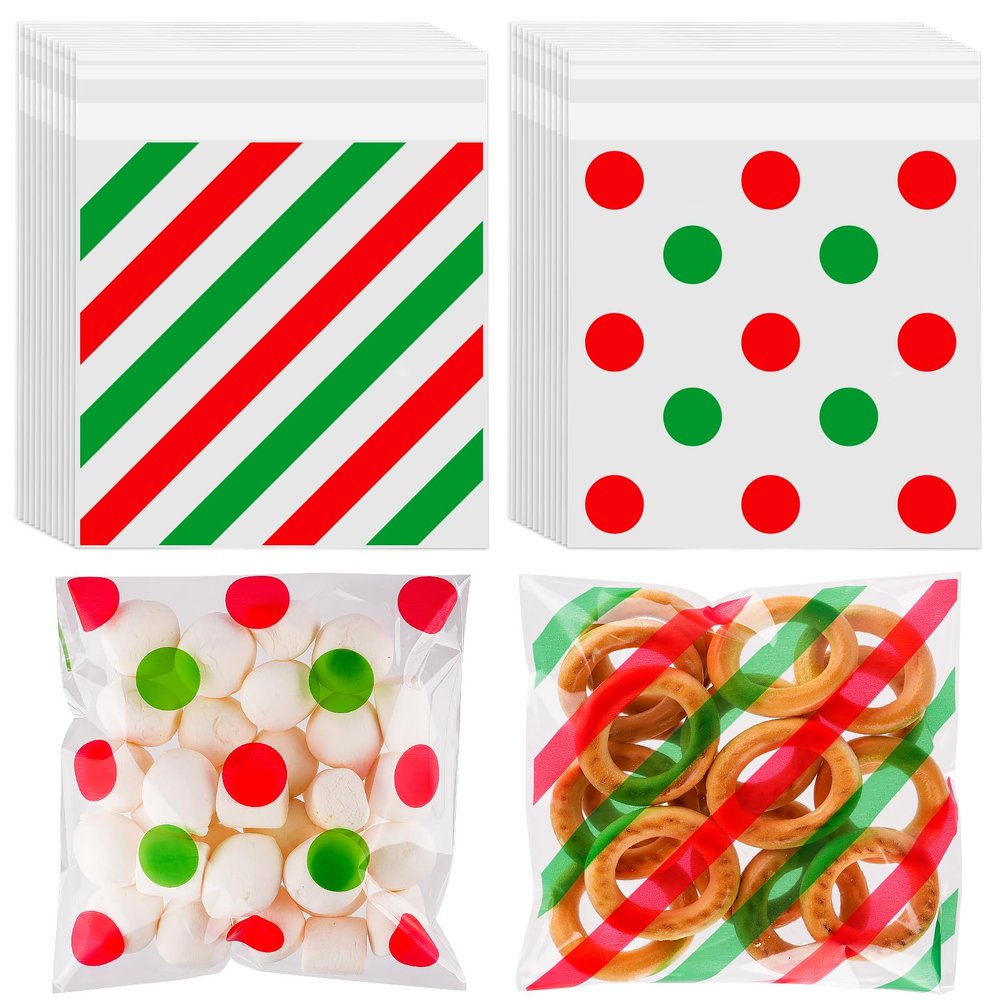 200pcs Cellophane Bags 5.5x5.5 Self Sealing Cookie Bags for Packaging White Cellophane Treat Bags for Gift Giving Packaging Christmas Birthday Party Favor Candy Goodie Homemade Bakery (Red/green)