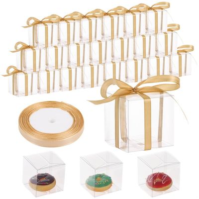 50 Pcs Transparent Treat Containers, 2.76 in Party Favor Containers Accompanied with Gift Ribbon, Petite Plastic Cuboid Containers