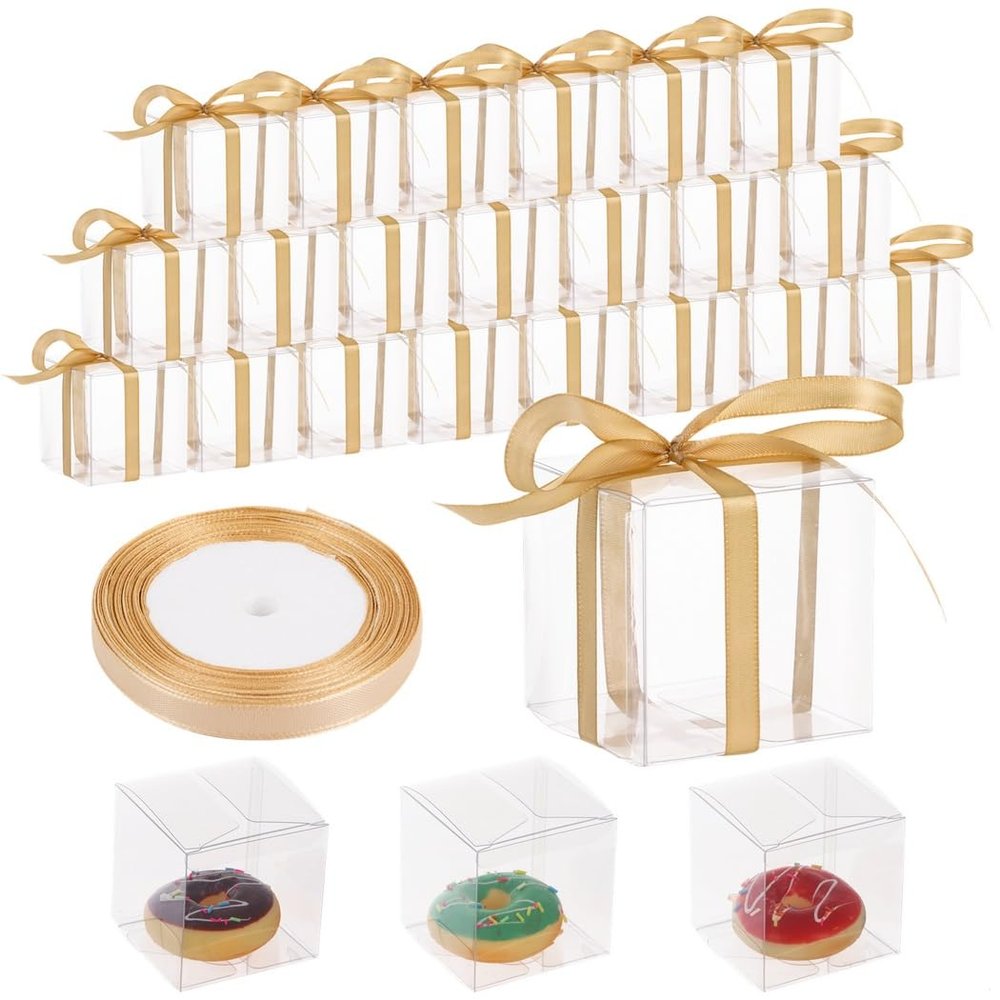 50 Pcs Transparent Treat Containers, 2.76 in Party Favor Containers Accompanied with Gift Ribbon, Petite Plastic Cuboid Containers