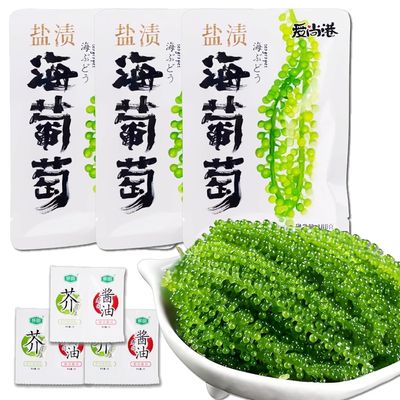 HoolySeek-Sea Grapes (3 packs) Premium Ocean-Grown Kelp & Seaweed Vegan Sushi Ingredient, Healthy Green Superfood for Salads, Hotpot & Snacks Includes Dipping Sauce