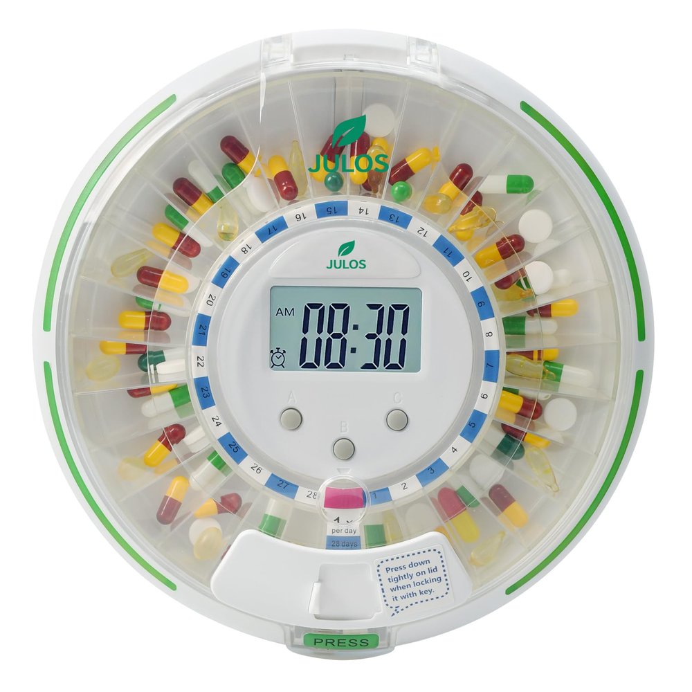 28-Day Automatic Pill Dispenser for Elderly - Medication Reminder with Loud Alarm & Flashing Light, Key Lock, Up to 6 Alart/Day, Timed Pill Dispenser Machine for Vitamins/Prescriptions/More