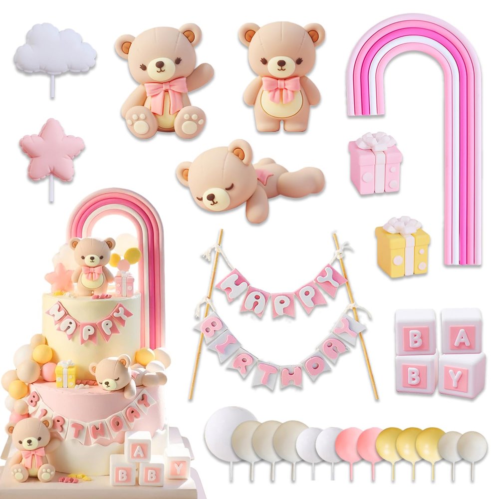 Pink Bear Cake Toppers Set with Rainbow, Baby Blocks, Gift Boxes, Balloons, Banner, and Decorative Accents, Cute Cake Decorations for Birthday Party and Celebration