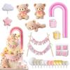 Pink Bear Cake Toppers Set with Rainbow, Baby Blocks, Gift Boxes, Balloons, Banner, and Decorative Accents, Cute Cake Decorations for Birthday Party and Celebration view 1