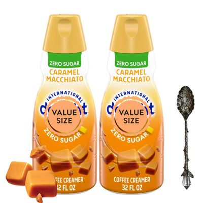 Zero Sugar Caramel Macchiato Liquid Coffee Creamer - Pack of Two (2) 32 fl oz Bottles of Creamy Smooth Delightful Coffee Creamer with Candy Freezer Gem Spoon (Zero Sugar Caramel Macchiato) Gem Spoon