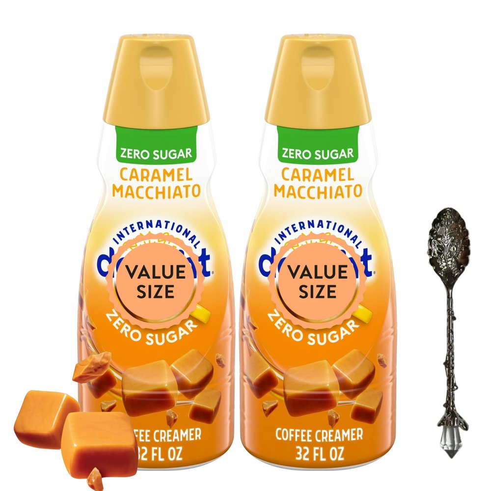 Zero Sugar Caramel Macchiato Liquid Coffee Creamer - Pack of Two (2) 32 fl oz Bottles of Creamy Smooth Delightful Coffee Creamer with Candy Freezer Gem Spoon (Zero Sugar Caramel Macchiato) Gem Spoon