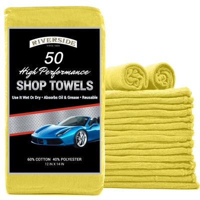 RIVERSIDE Pack of 50 Shop Towels 12x14 Inches, Reusable Cleaning Rags, Premium Quality for Commercial Use, Cleaning Cloths Suitable for All Purposes (Yellow)