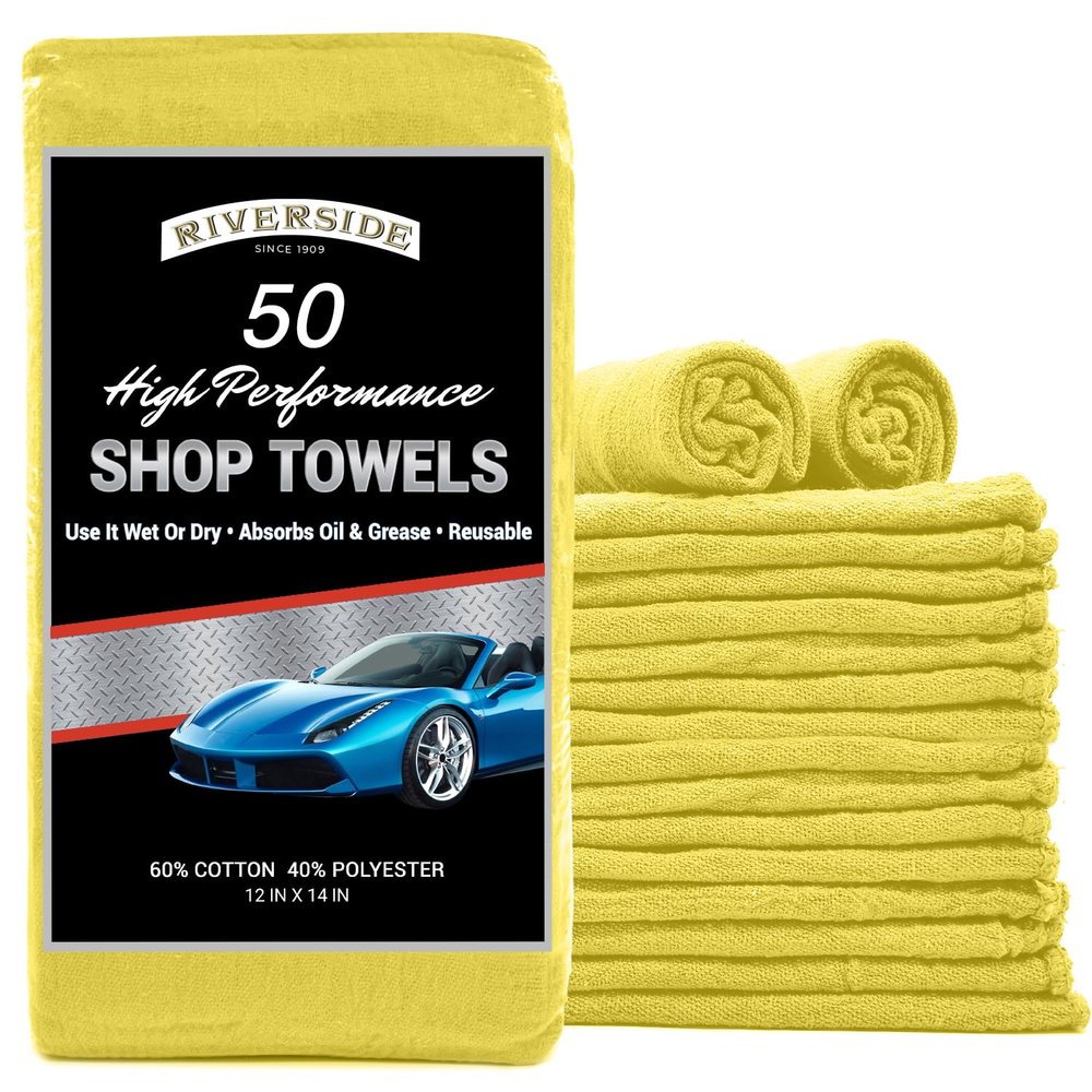 RIVERSIDE Pack of 50 Shop Towels 12x14 Inches, Reusable Cleaning Rags, Premium Quality for Commercial Use, Cleaning Cloths Suitable for All Purposes (Yellow)