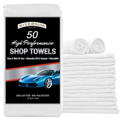 RIVERSIDE Pack of 50 Shop Towels 12x14 Inches, Reusable Cleaning Rags, Premium Quality for Commercial Use, Cleaning Cloths Suitable for All Purposes (White)