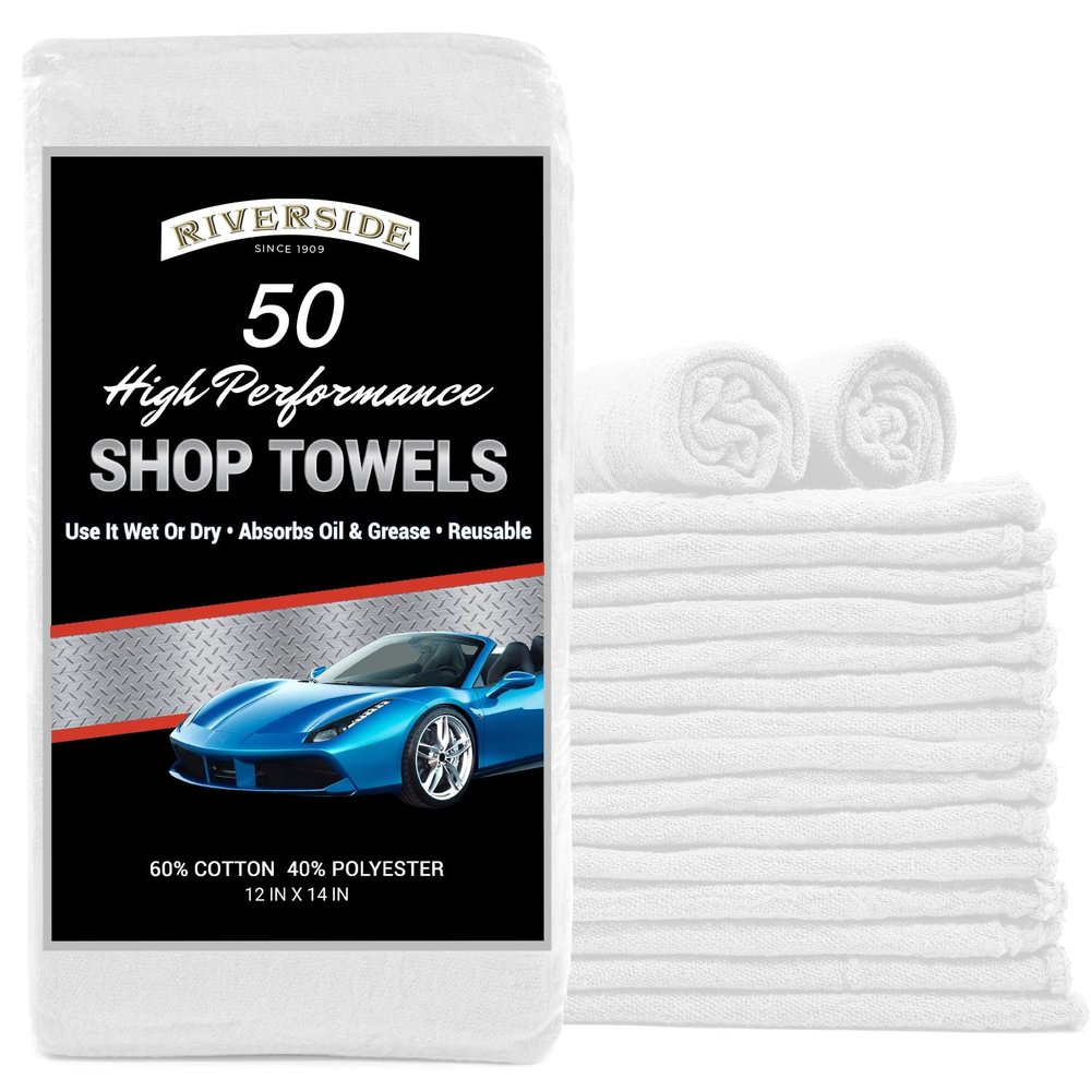 RIVERSIDE Pack of 50 Shop Towels 12x14 Inches, Reusable Cleaning Rags, Premium Quality for Commercial Use, Cleaning Cloths Suitable for All Purposes (White)