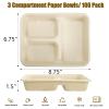 Yesland 100 Pack Compostable Paper Plates, Natural Sugarcane 3 Compartment Plate, Heavy Duty Lunch Tray, Disposable Divided Sectional Trays, Microwave Freezer Safe for Party School view 2