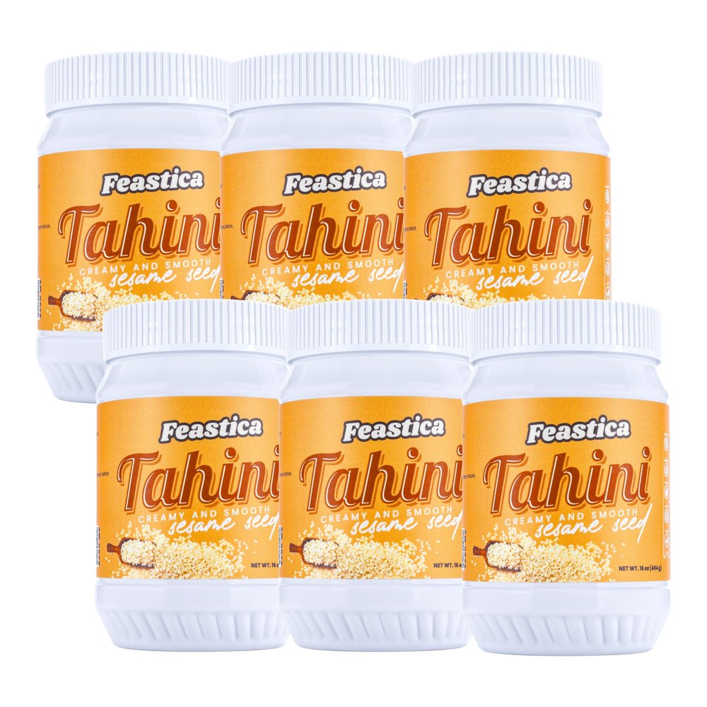 FEASTICA Natural Tahini Paste 100% Roasted Sesame Paste, Vegan & Gluten-Free, Keto & Dairy-Free, Non-GMO, No Palm Oil, Mediterranean Spread for Hummus, Dressings, Sauces & Healthy Cooking (16 Ounce (Pack of 6))