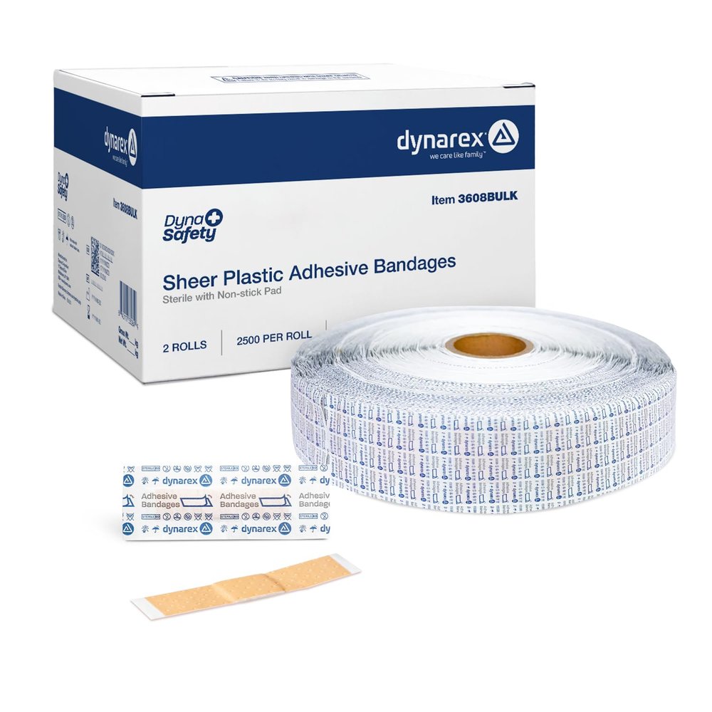 Dynarex Sheer Plastic Adhesive Bandages Water-Resistant and Sterile Non-Stick Pad First Aid Covers Minor Cuts Scratches - 3/8" x 1 1/2" Junior, 1 Roll of 5000