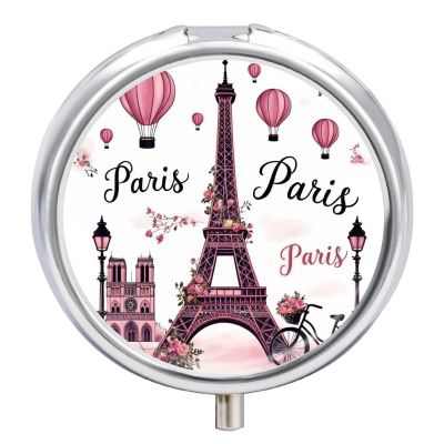 Fashion Moistureproof Daily Cute Pill Box, Round 3 Compartment Pill Box Suitable for Women Men Pink Paris Eiffel Tower