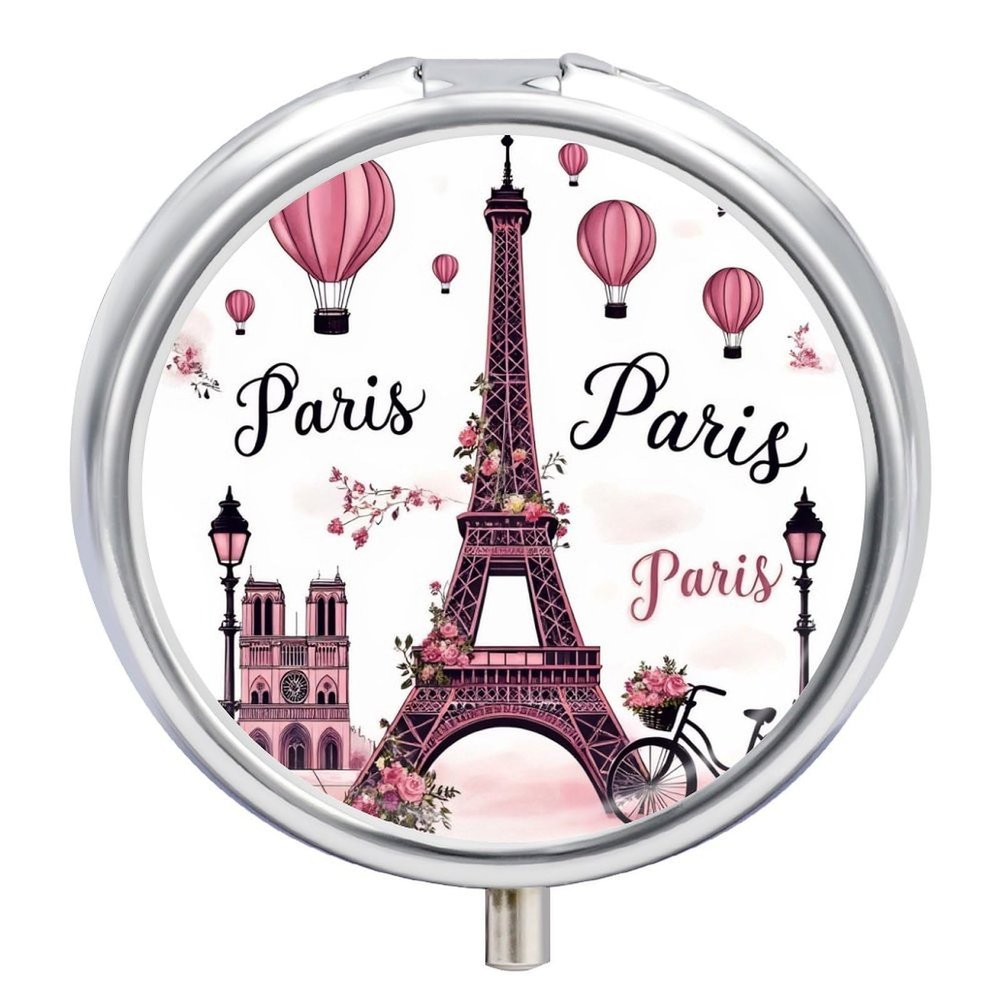 Fashion Moistureproof Daily Cute Pill Box, Round 3 Compartment Pill Box Suitable for Women Men Pink Paris Eiffel Tower