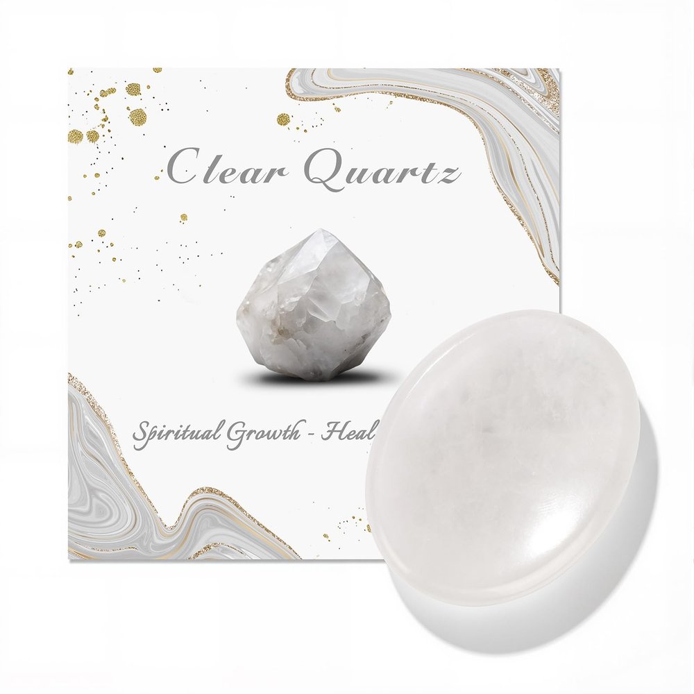 GolbalJew Clear Quartz Thumb Worry Stone for Anxiety Healing Crystals Sets, Hand Carved Crystals and Healing Stones, Meditation Crystal Reiki Natural Relax Palm Stone for Anxiety Therapy Relief