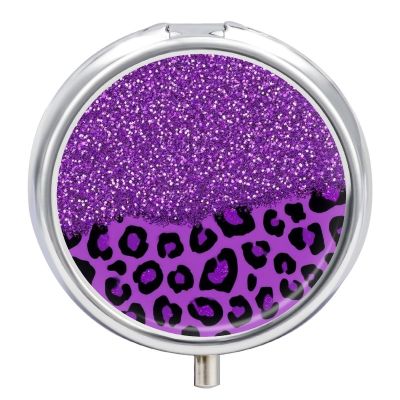 3 Compartment Pill Box, Cute Travel Pill Case, Round Medicine Pill Case, Decorative Portable Organizer for Pocket Purple Glitter Pattern Cheetah Leopard Print