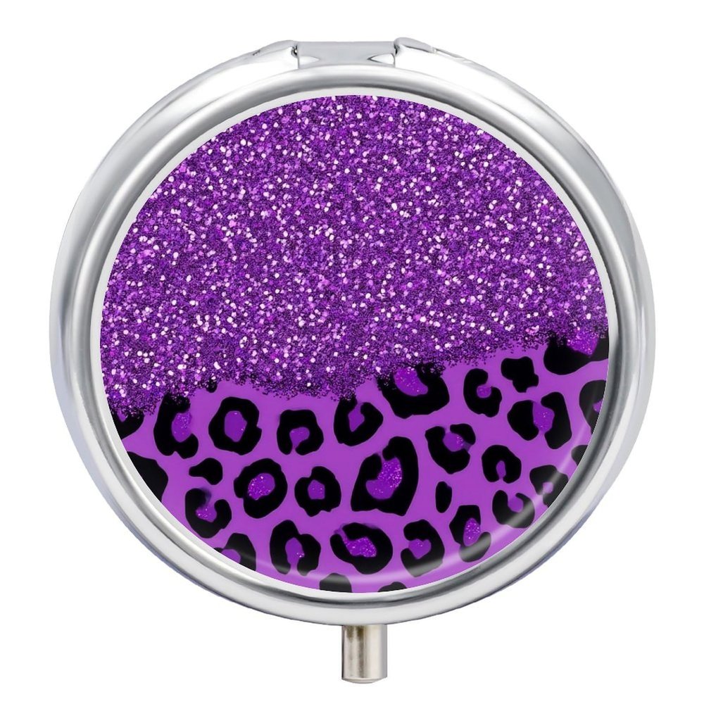 3 Compartment Pill Box, Cute Travel Pill Case, Round Medicine Pill Case, Decorative Portable Organizer for Pocket Purple Glitter Pattern Cheetah Leopard Print