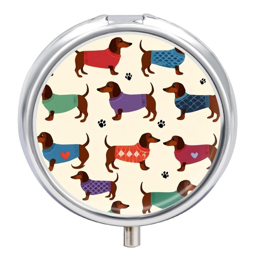 3 Compartment Pill Box, Round Medicine Pill Case, Cute Travel Pill Case, Decorative Portable Organizer for Pocket Cute Clothes Dachshunds Dog