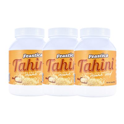 FEASTICA Natural Tahini Paste 100% Roasted Sesame Paste, Vegan & Gluten-Free, Keto & Dairy-Free, Non-GMO, No Palm Oil, Mediterranean Spread for Hummus, Dressings, Sauces & Healthy Cooking (32 Ounce (Pack of 3))