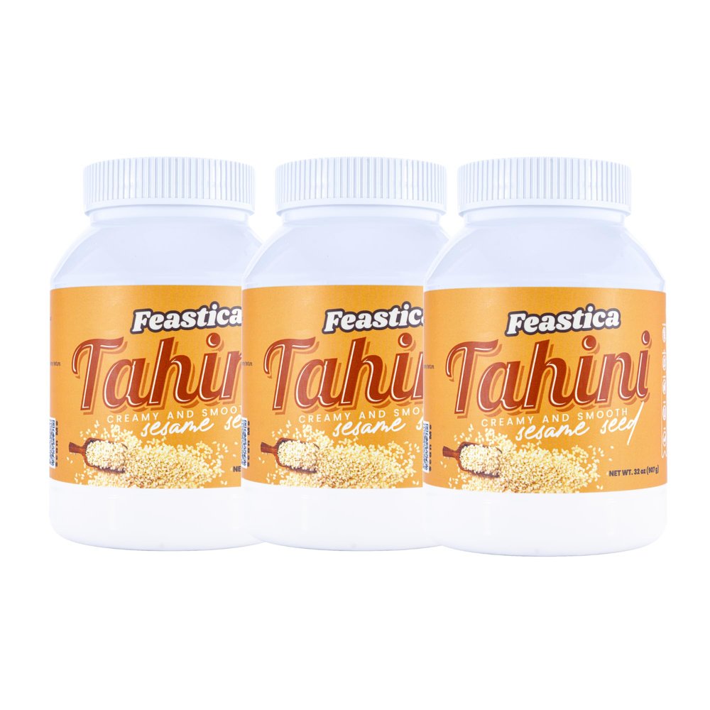 FEASTICA Natural Tahini Paste 100% Roasted Sesame Paste, Vegan & Gluten-Free, Keto & Dairy-Free, Non-GMO, No Palm Oil, Mediterranean Spread for Hummus, Dressings, Sauces & Healthy Cooking (32 Ounce (Pack of 3))