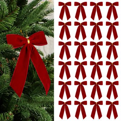 24Pcs Small Velvet Ribbon Bows for Christmas Tree Ornaments, Premade Twist Tie Bows for Treat Bags Bottles, Vintage Xmas Wreath Bow for Gift Wrapping Decor, 1" Width, 3.5 x 4.3 Inch (Red)