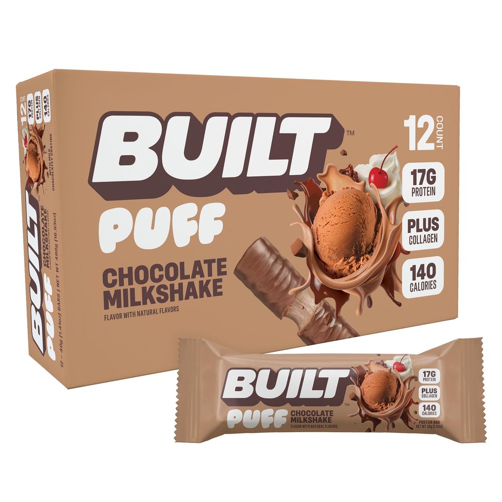 BUILT Bar Puff Protein Bars - Chocolate Milkshake - 17g Protein Snack Bars with Collagen - Calorie Conscious & Gluten Free - 12 Count