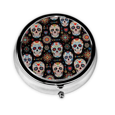 Mexican Sugar Skulls Art Pillbox 3 Compartment Pill Case Portable Travel Pill Container for Pocket or Purse