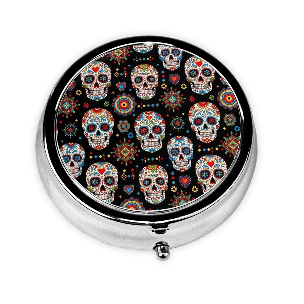 Mexican Sugar Skulls Art Pillbox 3 Compartment Pill Case Portable Travel Pill Container for Pocket or Purse