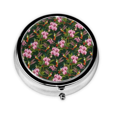 Roud Pill Case Pill Box with Mirror Pocket 3 Compartment Medicine Vitamin Fish Oil and Supplement Storage (Humming Bird Tropical)