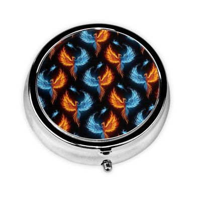 Pill Case Water Ice Fire Flame Bird Black Roud Pillbox with Mirror 3 Compartment Small Pill Case for Purse or Pocket Travel Gifts