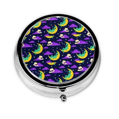 Pill Box Funny Alien Moon Sky 3 Compartment Portable Small Pill Case for Pocket, Purse