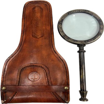 Vintage Antique Henry Leather Case Brass Marine Handheld Astrologers Magnifying Glass Brass Instrument Map or Coin Reading Lens Brown Vintage Magnifier, Xmas Collectible Dcor Gift