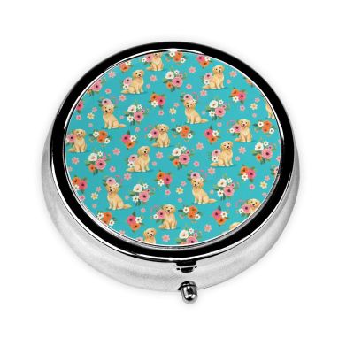 Golden Doodle Floral Dog Round Silver Pill Box with Mirror Pocket Medicine Tablet Holder Organizer Case