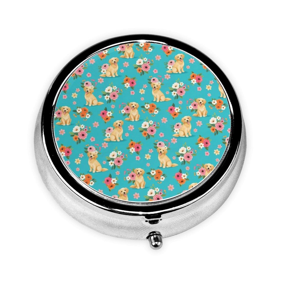 Golden Doodle Floral Dog Round Silver Pill Box with Mirror Pocket Medicine Tablet Holder Organizer Case