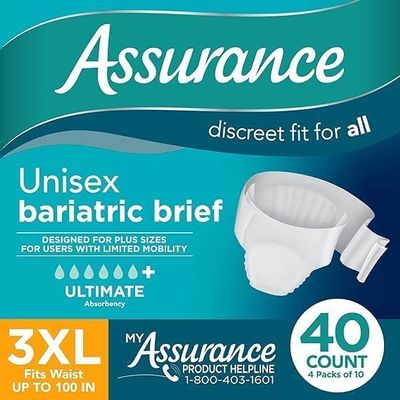 Assurance Unisex Maximum Incontinence Briefs with Tabs, Bariatric 40 Count. (Pack of 1), White