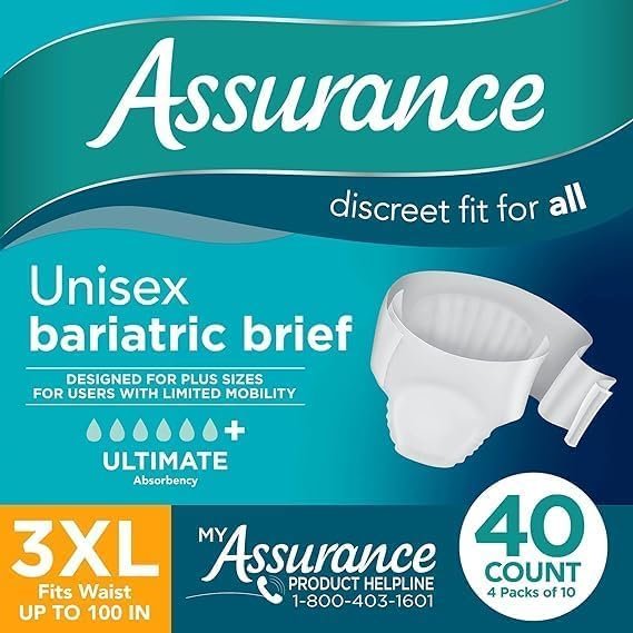 Assurance Unisex Maximum Incontinence Briefs with Tabs, Bariatric 40 Count. (Pack of 1), White