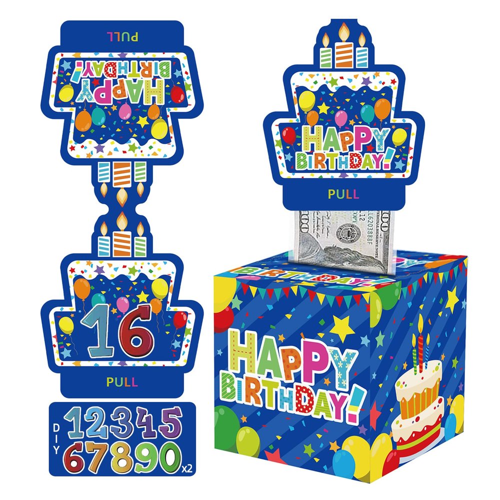 Birthday Money Box for Cash Gift with DIY StickersA Surprising Money Gift Box with Pull-Out Happy Birthday Card & 50 Cash Bags, Ideal Gift for Men, Women All Ages